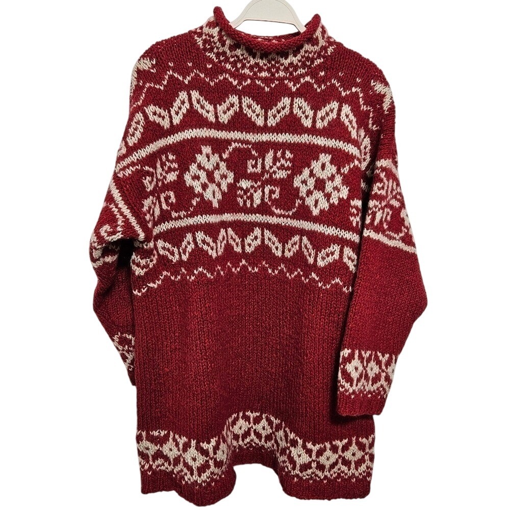 Vintage Express Tricot Womens 100% Wool Sweater Fair Isle 90s Chunky Knit Red L